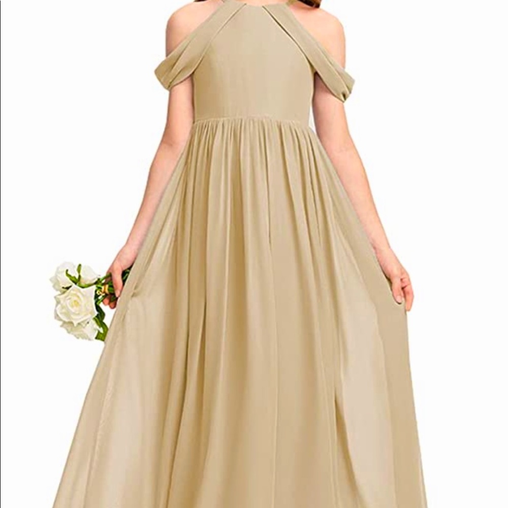 Girls Champagne Formal Dress Size 14 Off Shoulder Junior Dress BRAND NEW !